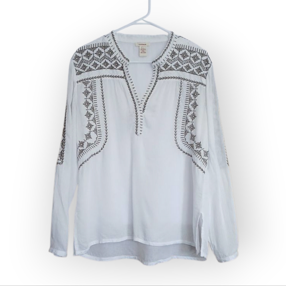 Sundance White Embroidered Long Sleeve Blouse Woven Pinstripes White Grey Large